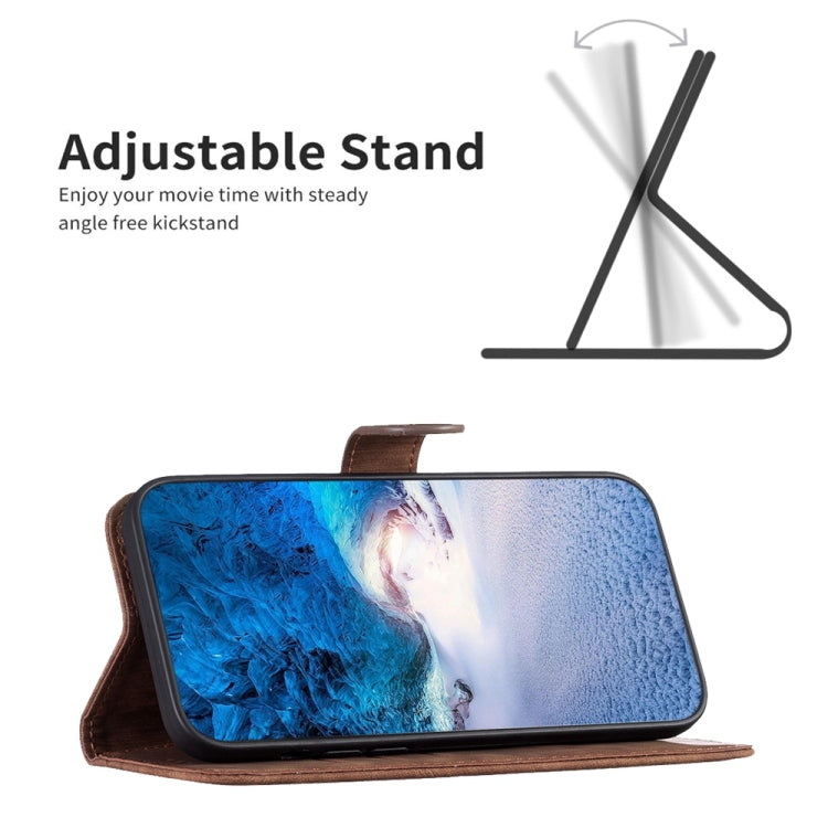 Brown plaid embossed leather phone case propped up as a stand