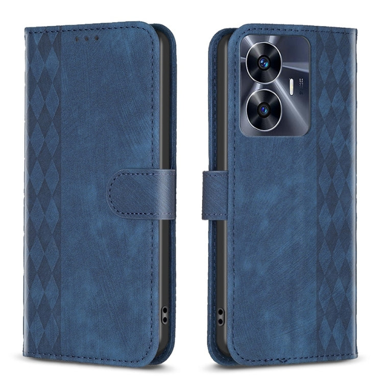 Blue plaid embossed leather phone case with flip cover and camera cutout