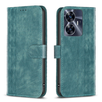 Teal plaid embossed leather phone case with flip cover and side cutouts