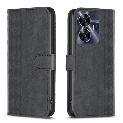 Dark gray plaid embossed leather phone case with flip cover and camera opening