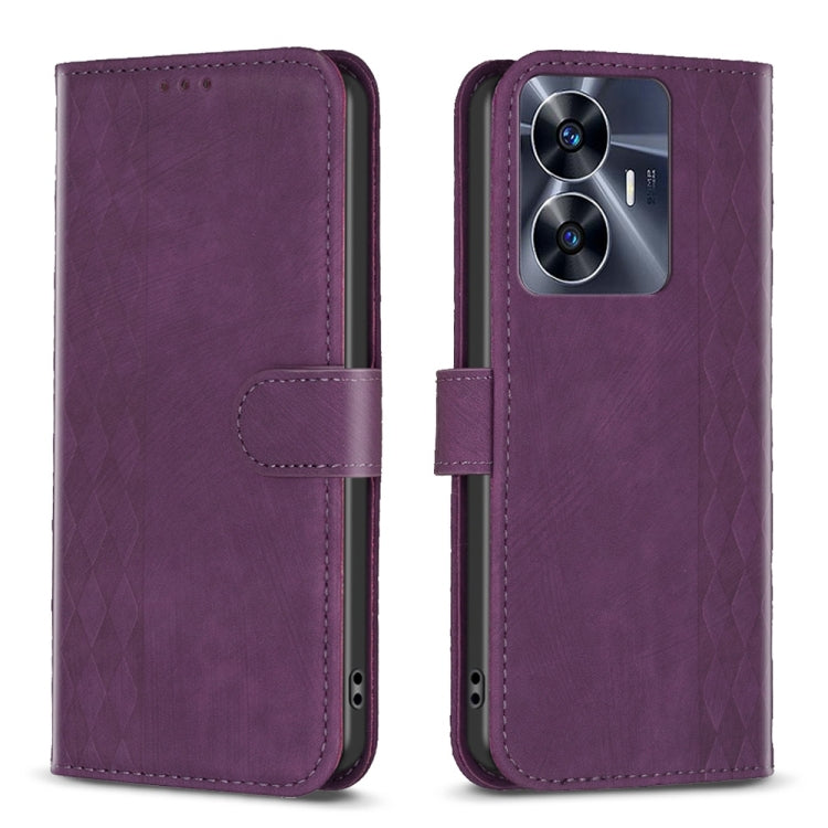 Purple plaid embossed leather phone case with folio flap and side cutouts