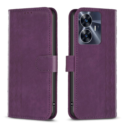 Purple plaid embossed leather phone case with folio flap and side cutouts