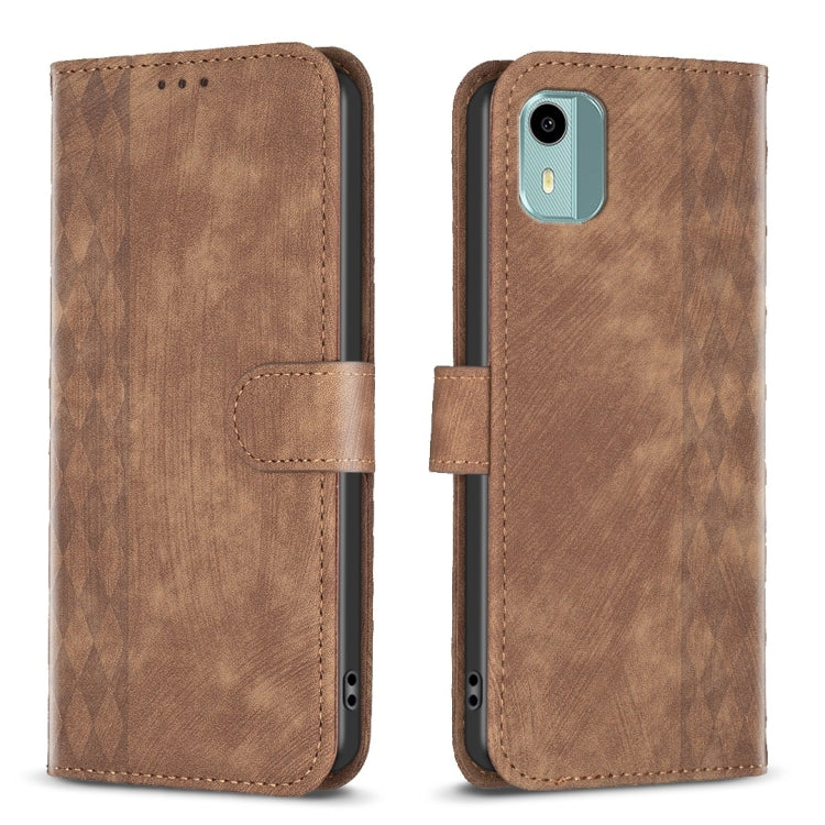 Brown plaid embossed leather phone case with folio flap and magnetic strap