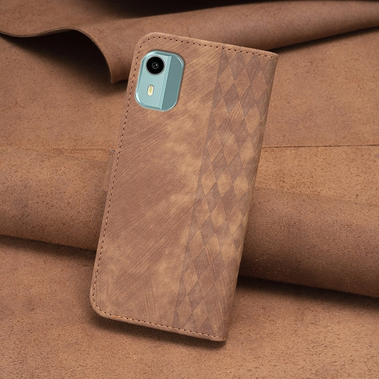 Brown plaid embossed leather phone case with camera cutout and folio flap