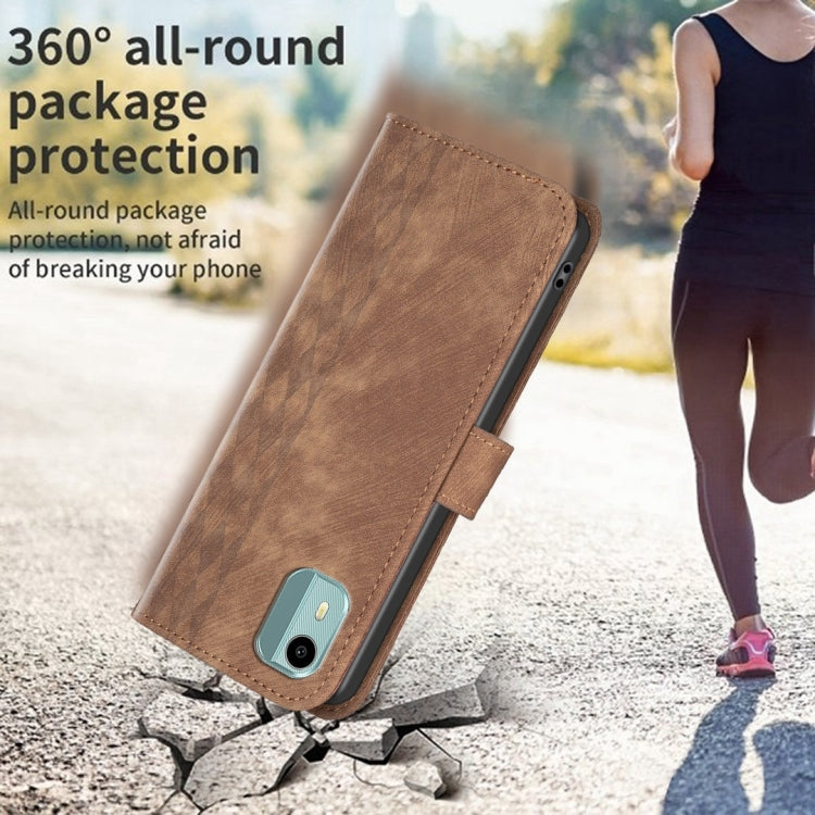 Brown plaid embossed leather phone case with folio cover and camera opening