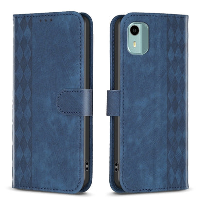 Blue plaid embossed leather phone case with flip cover and stitched side pocket.