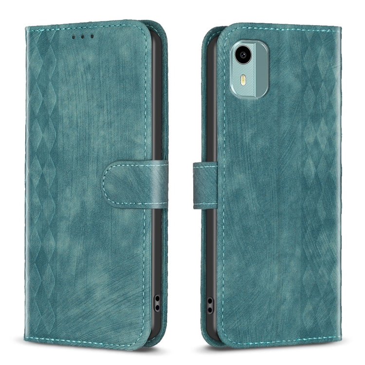 Plaid embossed leather flip phone case, teal, magnetic strap with camera cutout
