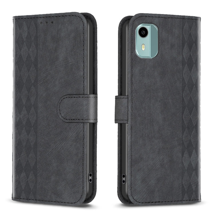 Plaid embossed leather flip phone case, dark gray, magnetic strap with camera cutout