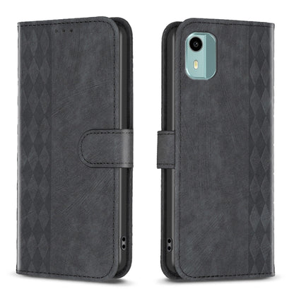 Plaid embossed leather flip phone case, dark gray, magnetic strap with camera cutout
