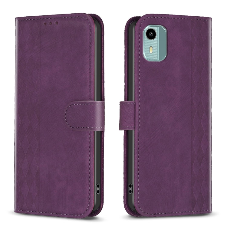 Plaid-embossed leather phone case with folio flap, purple, camera and port openings