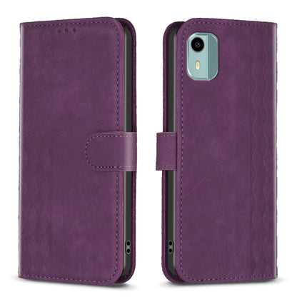 Plaid-embossed leather phone case with folio flap, purple, camera and port openings