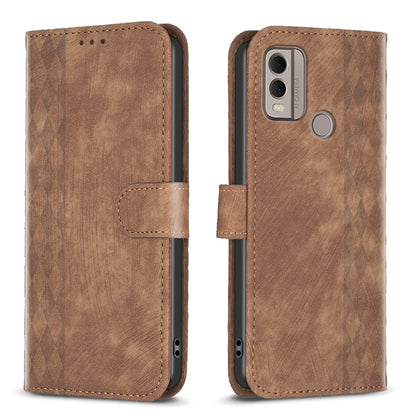 Brown plaid embossed leather phone case with camera cutout and magnetic strap