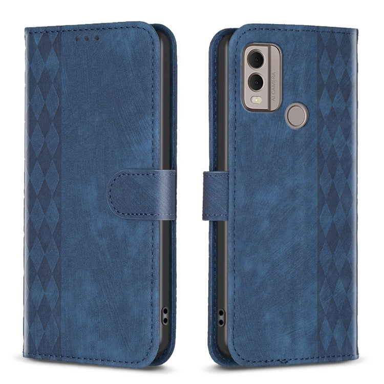 Blue plaid embossed leather phone case with flip cover and round accessory cutout.