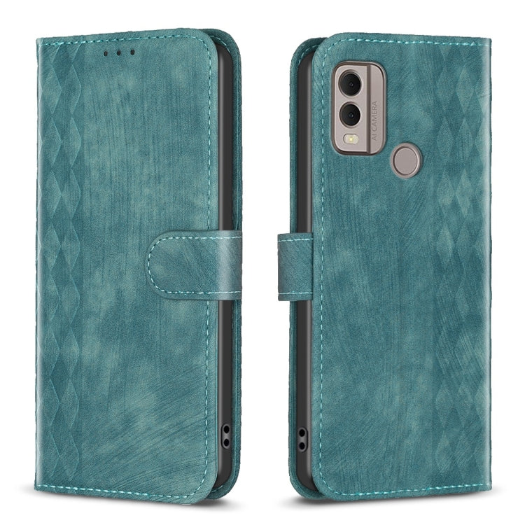 Plaid embossed leather flip phone case, teal, magnetic strap with camera and sensor openings
