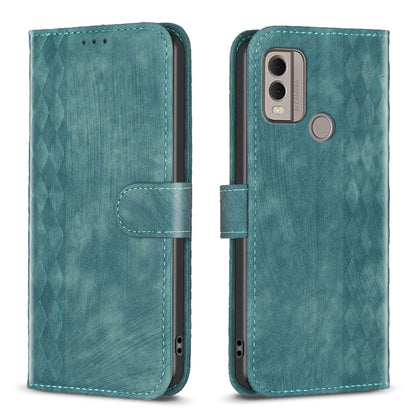 Plaid embossed leather flip phone case, teal, magnetic strap with camera and sensor openings