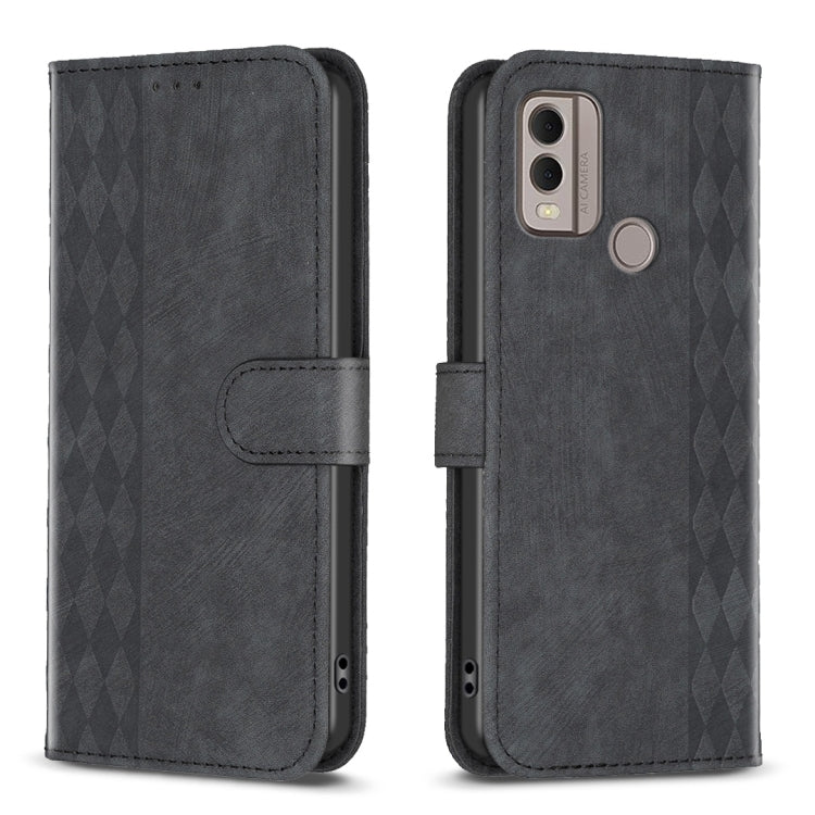 Plaid embossed leather flip phone case, dark gray, magnetic strap with camera and side button opening