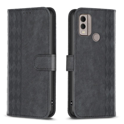 Plaid embossed leather flip phone case, dark gray, magnetic strap with camera and side button opening