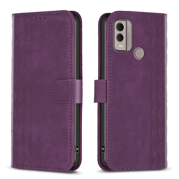 Purple plaid-embossed leather phone case with folio strap and rear camera cutout