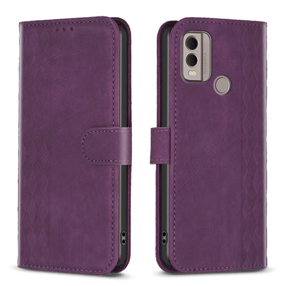 Purple plaid-embossed leather phone case with folio strap and rear camera cutout