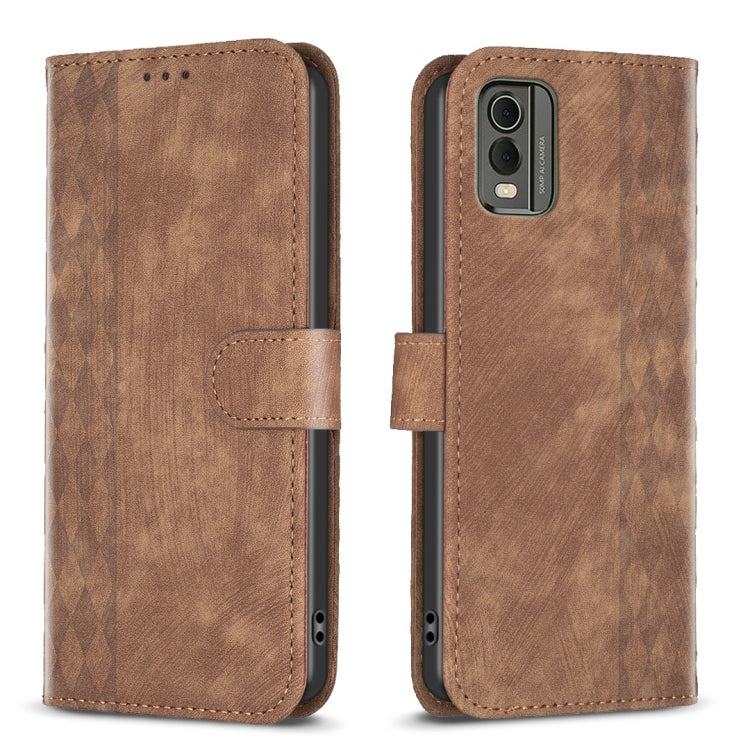 Brown plaid embossed leather phone case with flip cover and stitched side pocket.