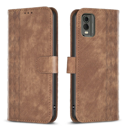 Brown plaid embossed leather phone case with flip cover and stitched side pocket.