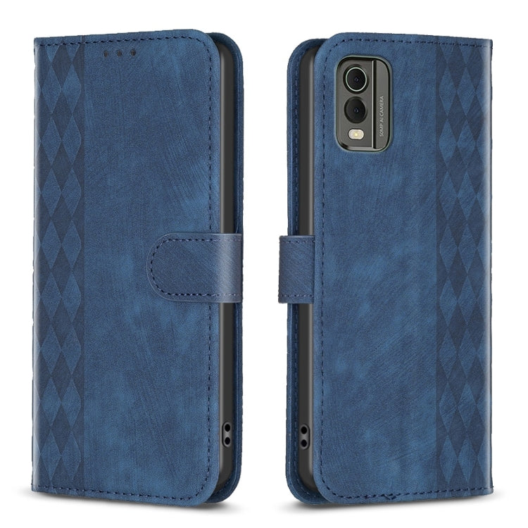 Blue plaid embossed leather phone case with flip cover and stitched side pocket.
