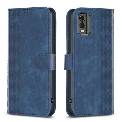 Blue plaid embossed leather phone case with flip cover and stitched side pocket.