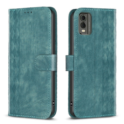 Plaid embossed leather flip phone case, teal, front cover with magnetic strap and camera window