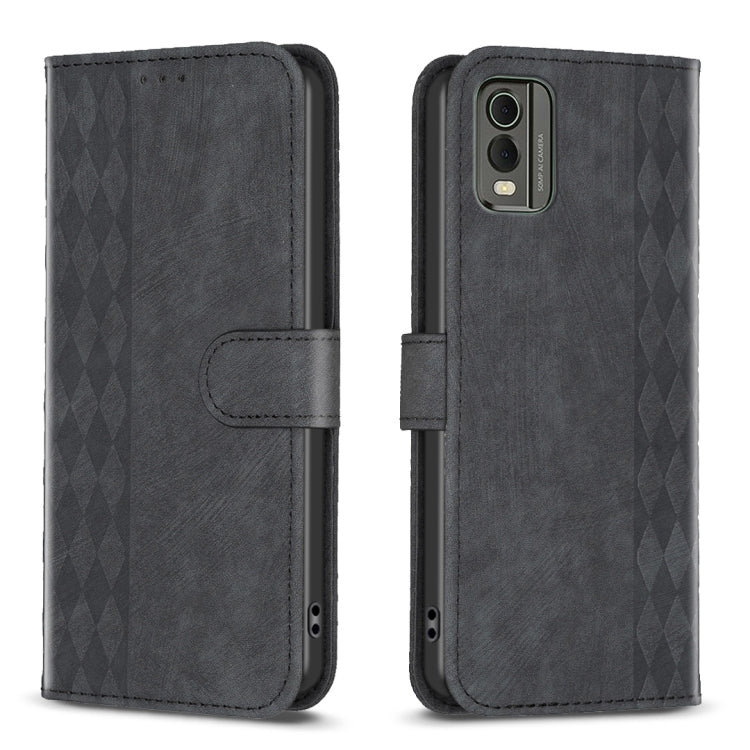 Plaid embossed leather flip phone case, dark gray, magnetic strap with camera window