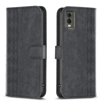 Plaid embossed leather flip phone case, dark gray, magnetic strap with camera window