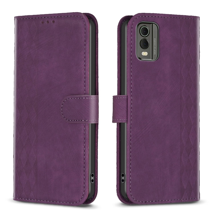 Purple plaid-embossed leather phone case with folio flap and multi-lens rear camera cutout