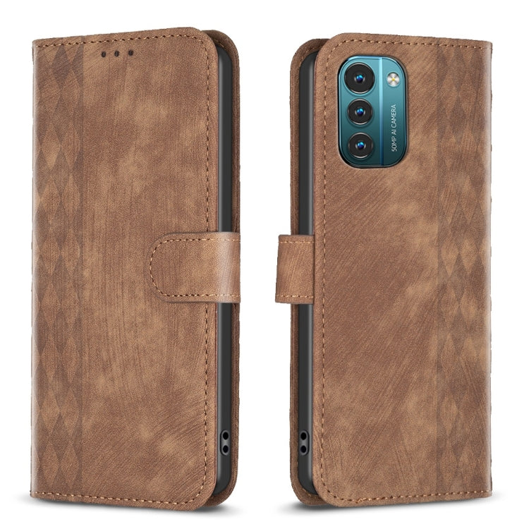 Brown plaid embossed leather phone case with flip cover and stitched side pocket.