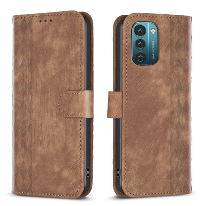 Brown plaid embossed leather phone case with flip cover and stitched side pocket.
