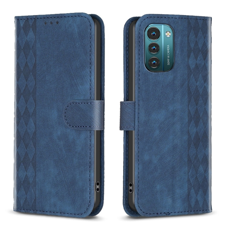 Blue plaid embossed leather phone case with flip cover and stitched side pocket.