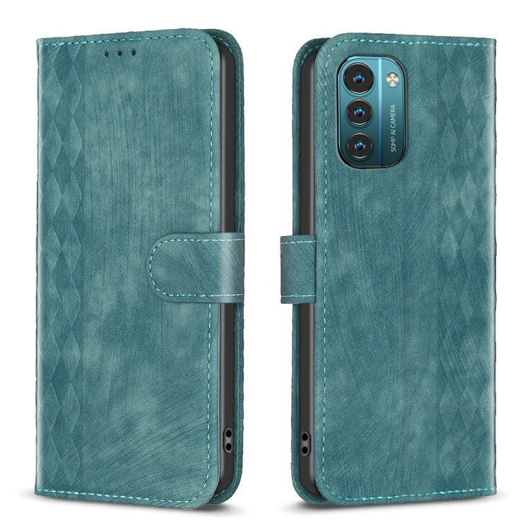 Plaid embossed leather flip phone case, teal, magnetic strap with multi-camera cutout