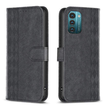 Plaid embossed leather flip phone case, dark gray, magnetic strap with multi-camera cutout