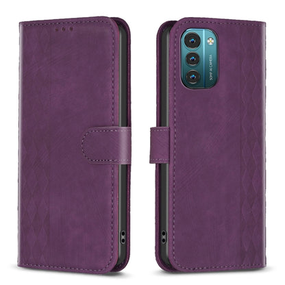 Purple plaid-embossed leather phone case with folio flap, teal camera module cutout