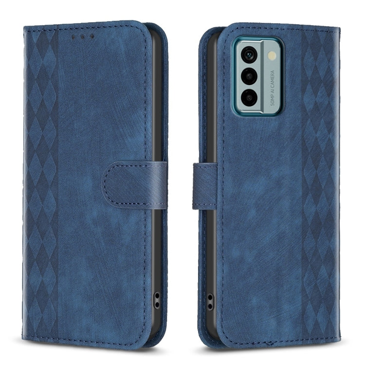 Plaid embossed leather flip phone case, blue, magnetic strap with camera cutout