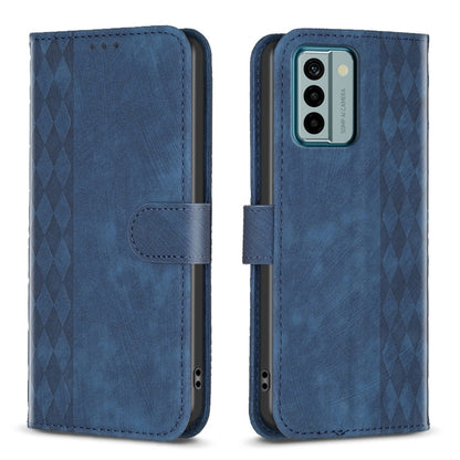 Plaid embossed leather flip phone case, blue, magnetic strap with camera cutout