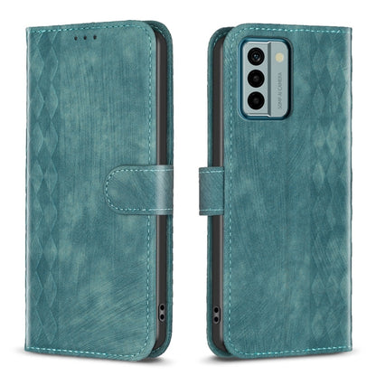 Plaid embossed leather flip phone case, teal, magnetic strap with camera cutout