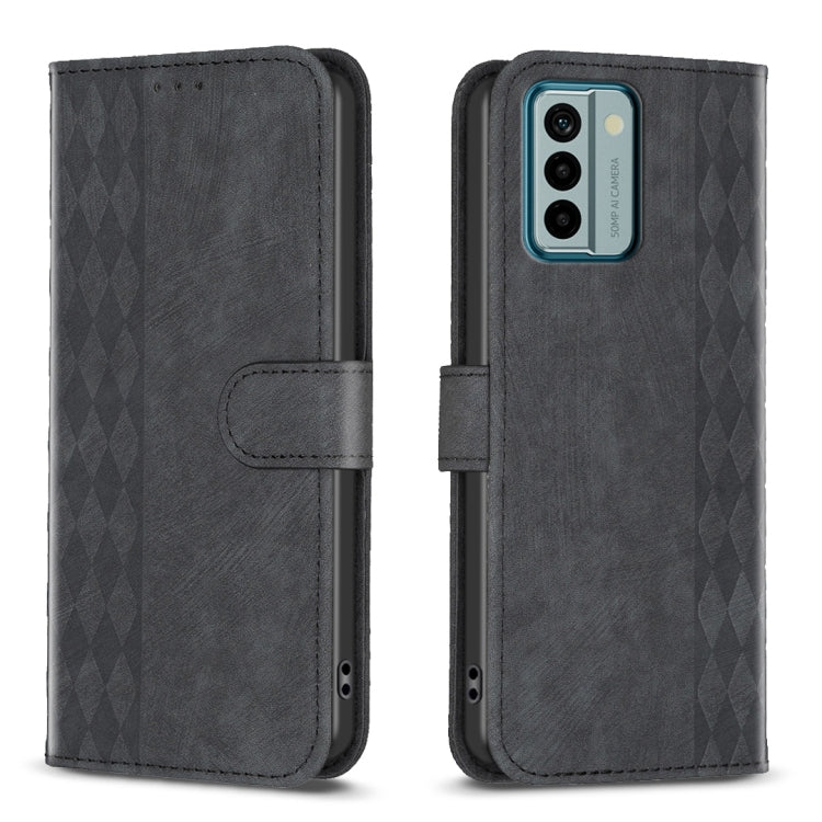 Plaid-embossed leather phone case with folio flap, black, side buttons cutouts