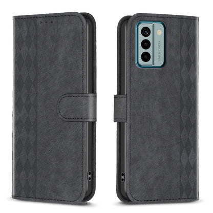 Plaid-embossed leather phone case with folio flap, black, side buttons cutouts