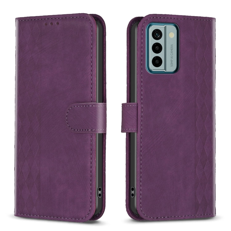 Purple plaid-embossed leather phone case with folio flap and screen-protecting cover