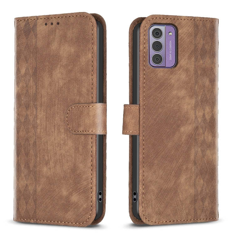 Brown plaid embossed leather phone case front and back view with folio flap
