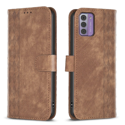 Brown plaid embossed leather phone case front and back view with folio flap
