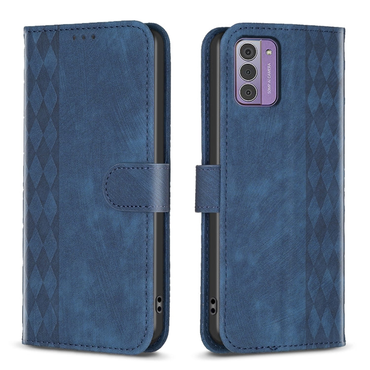 Blue plaid embossed leather phone case front and back view with folio flap
