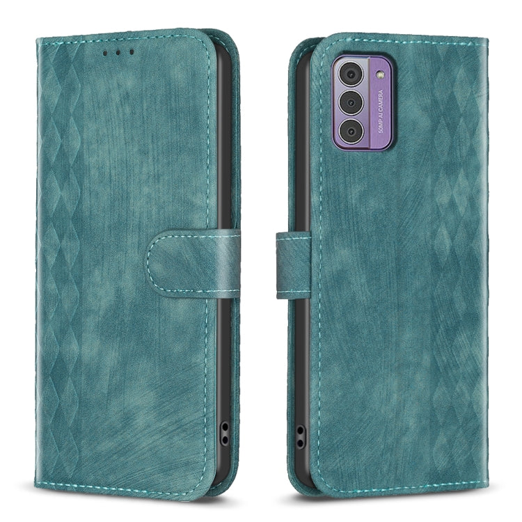 Teal-blue plaid embossed leather phone case with flip cover and stitched side pocket.