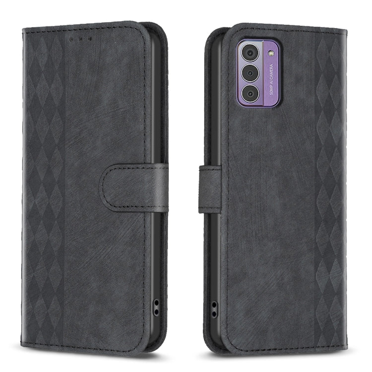 Dark gray plaid embossed leather phone case with flip cover and stitched side pocket.