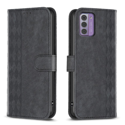 Dark gray plaid embossed leather phone case with flip cover and stitched side pocket.