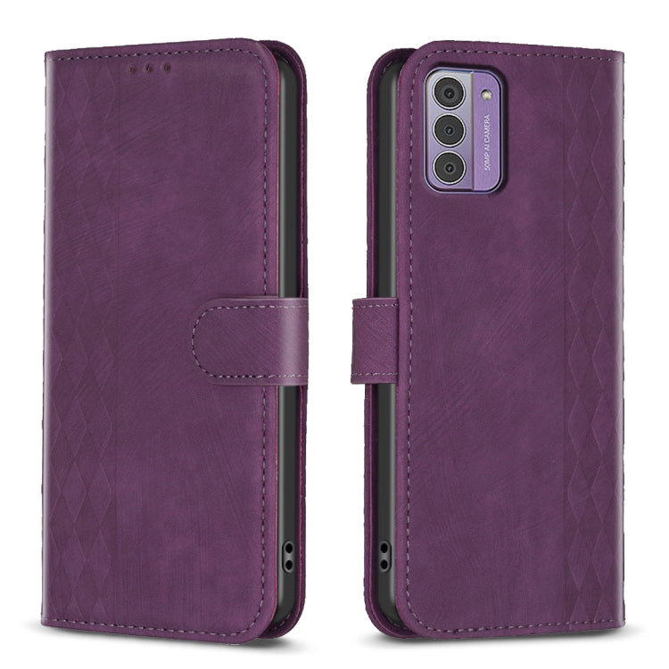Purple plaid embossed leather phone case with flip cover and stitched side pocket.